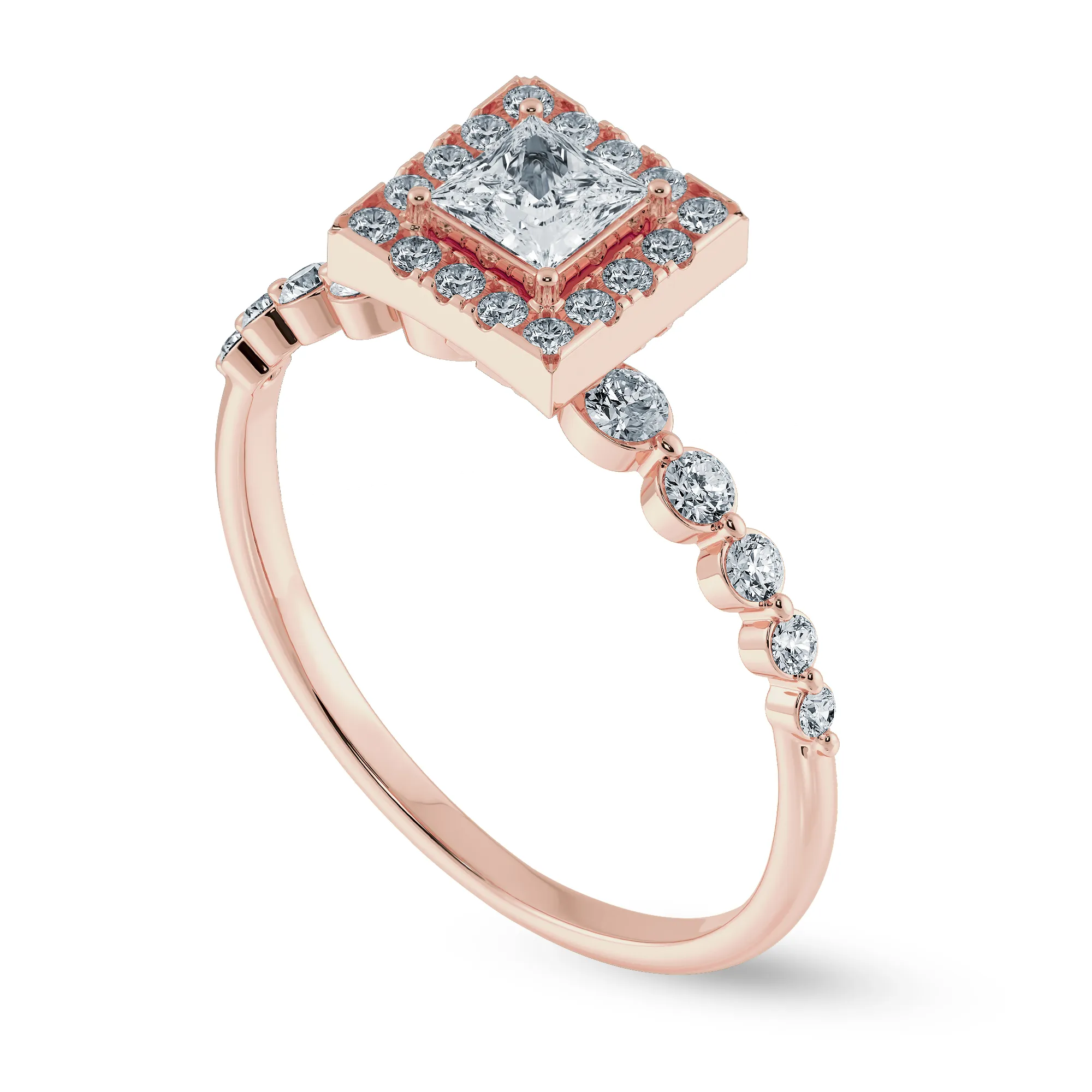 0.20cts. Princess Cut Solitaire Halo Diamond Accents 18K Rose Gold Ring JL AU 2003R-C