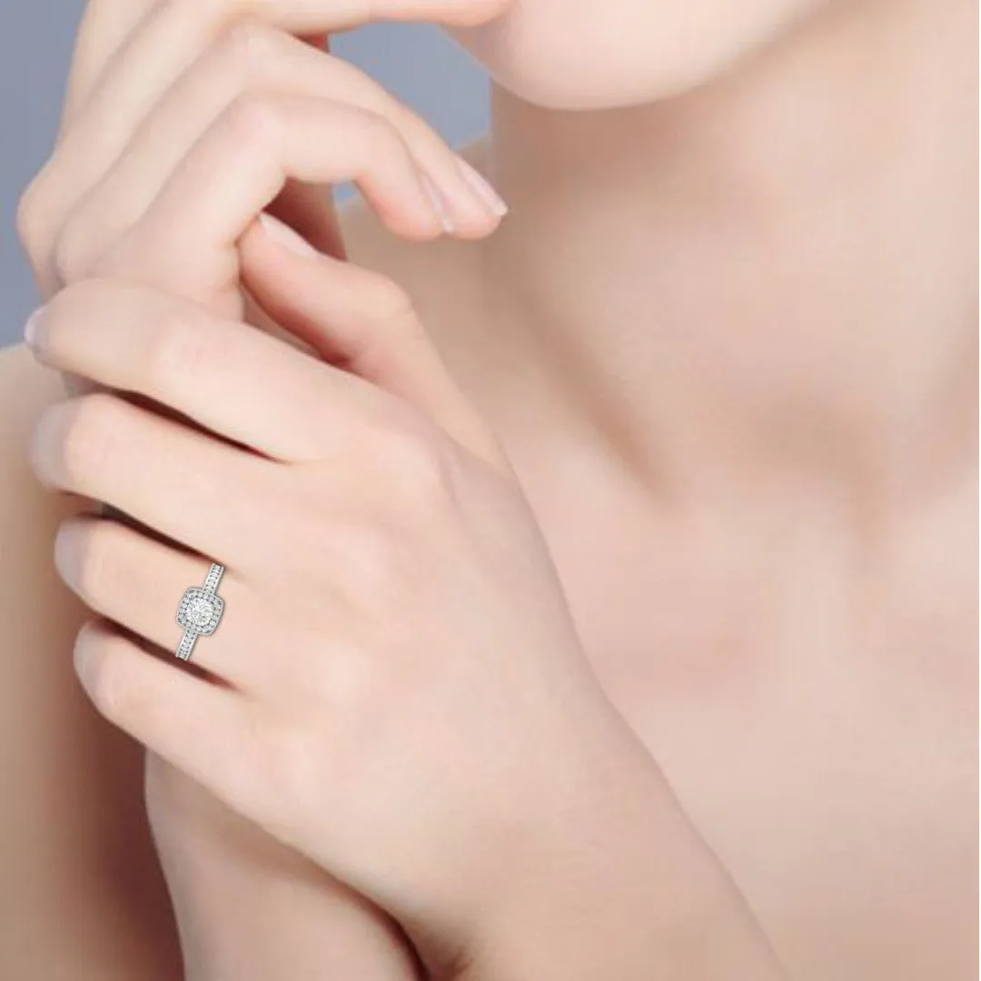 0.30cts. Cushion Solitaire Double Halo Diamond Split Shank Platinum Ring JL PT RH CU 158
