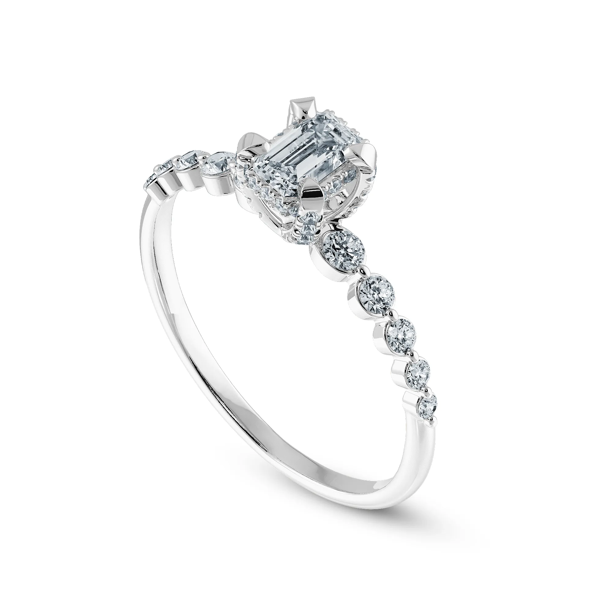 0.30cts Emerald Cut Solitaire Halo Diamond Accents Platinum Ring JL PT 2006