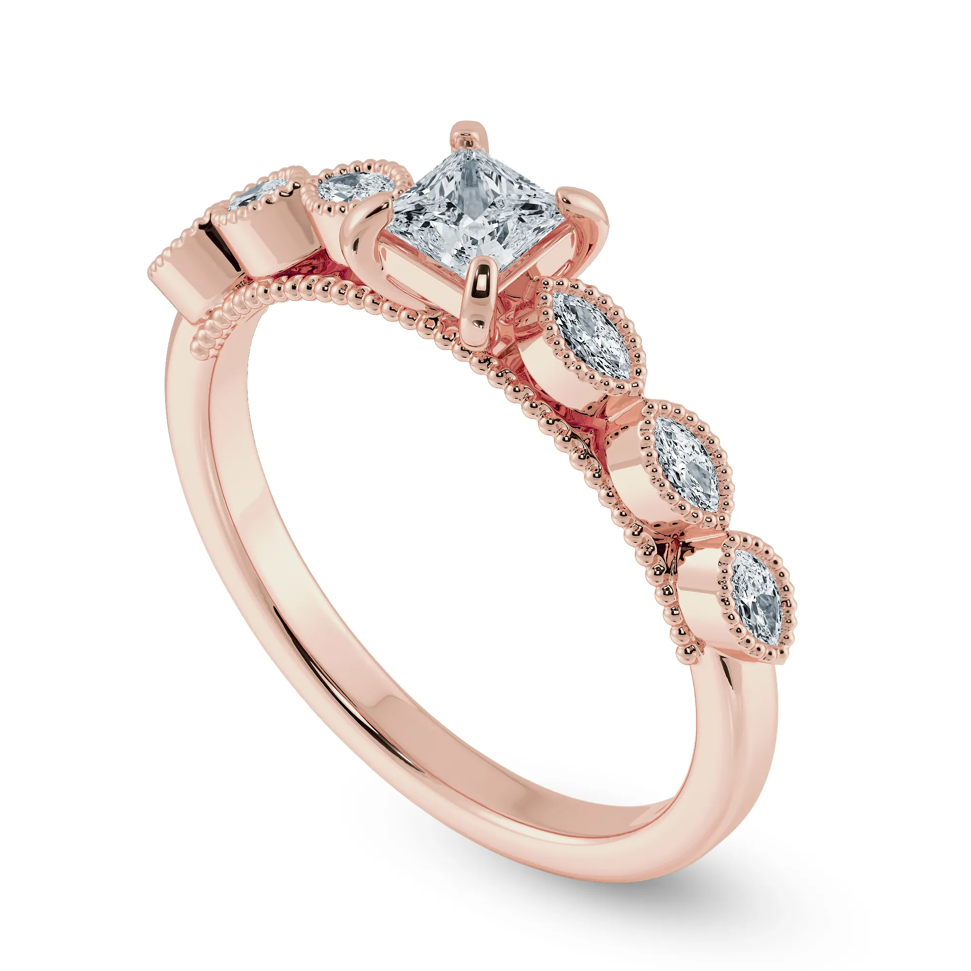 0.30cts. Princess Cut Solitaire with Marquise Diamond Accents 18K Rose Gold Ring JL AU 2012R