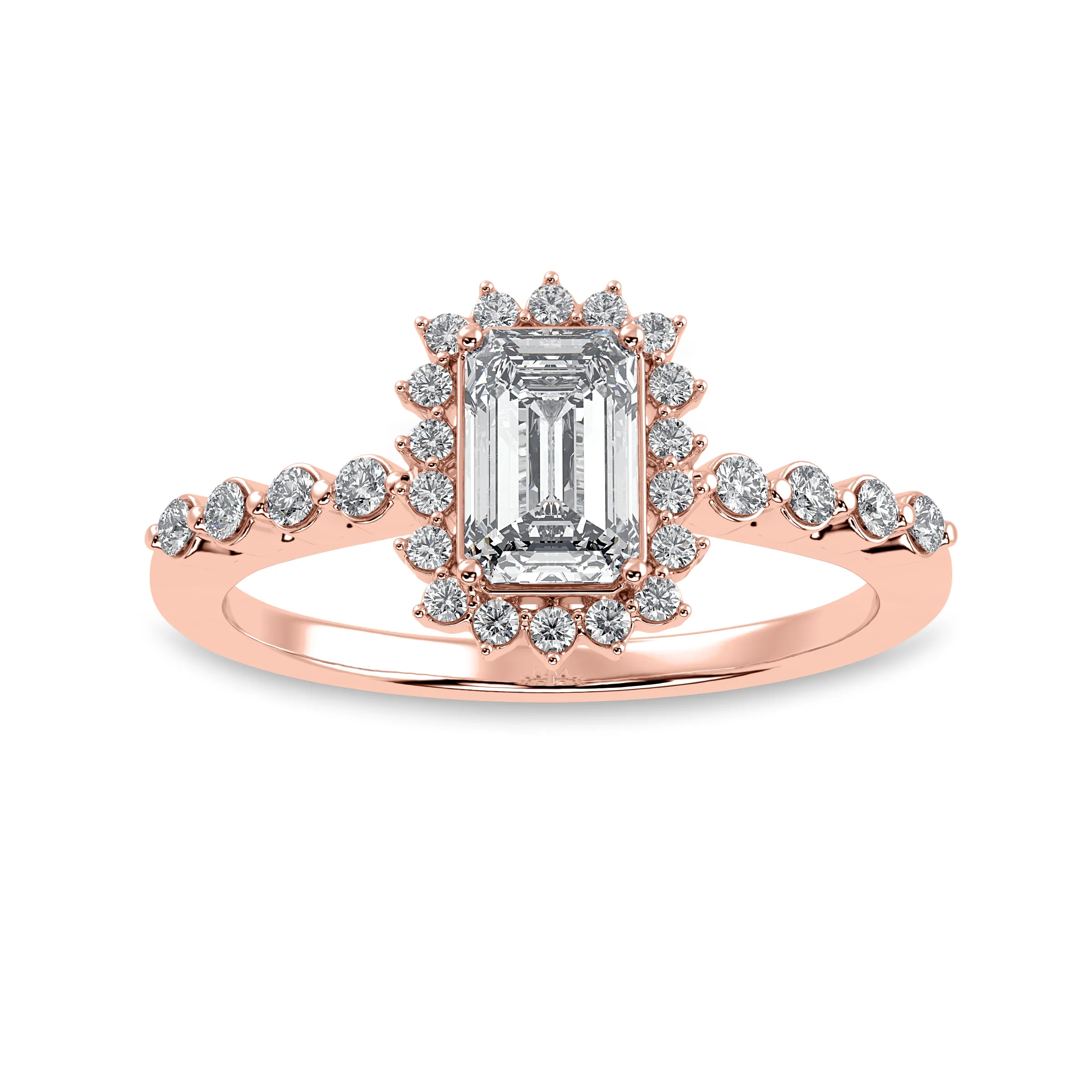 0.50cts. Emerald Cut Solitaire Halo Diamond Shank 18K Rose Gold Solitaire Ring JL AU 1250R-A