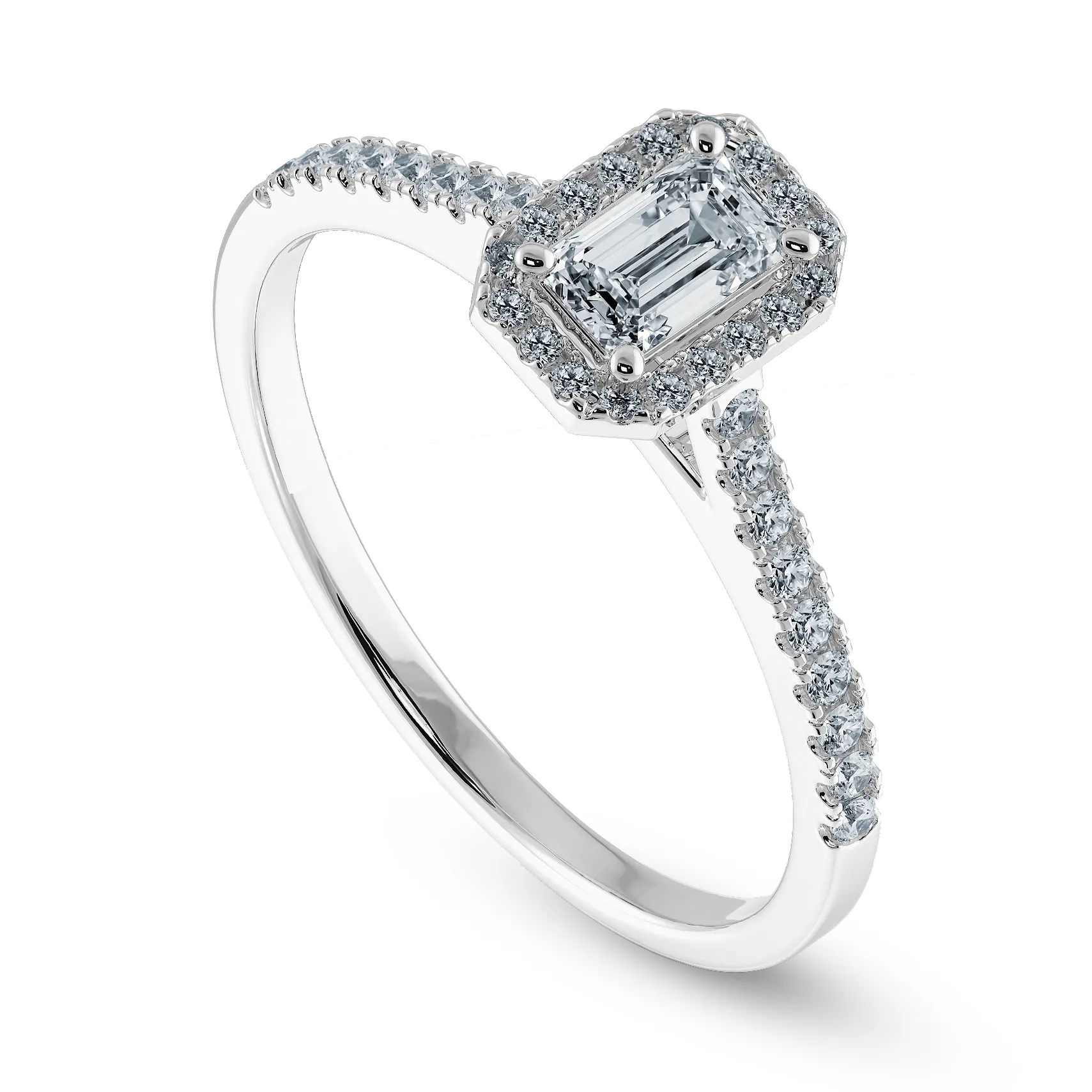 0.50cts Emerald Cut Solitaire Halo Diamond Shank Platinum Ring JL PT 1197-A