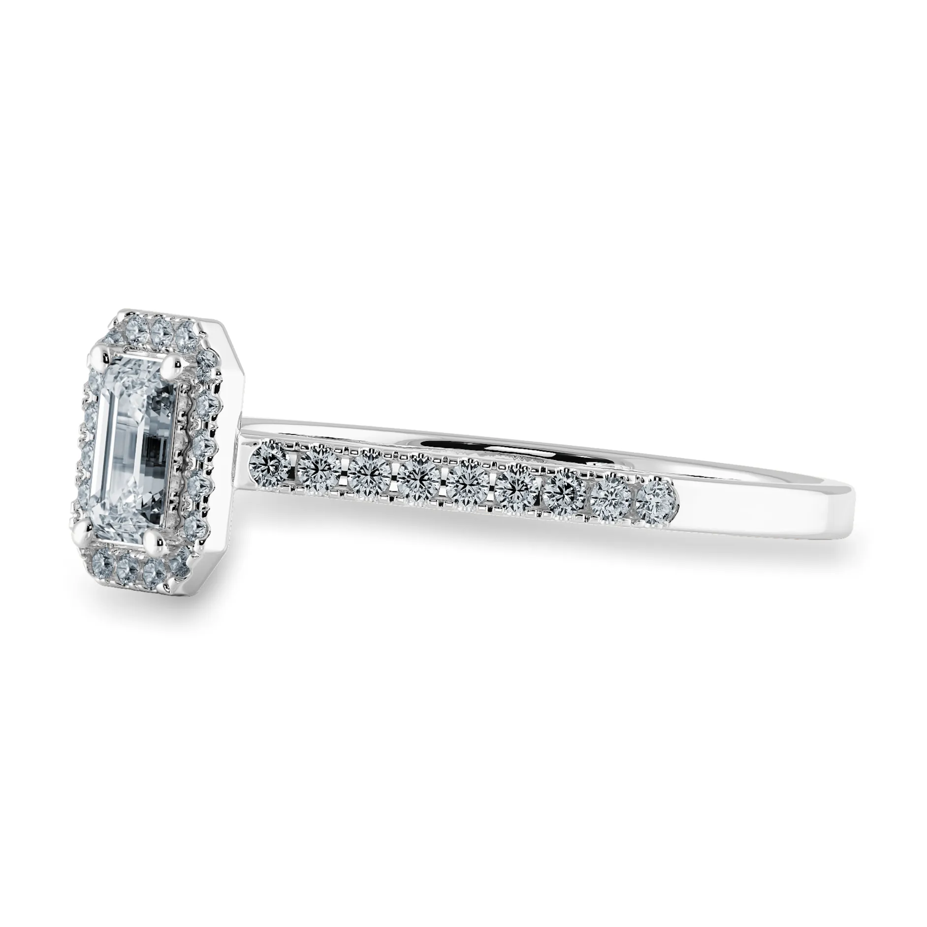0.50cts Emerald Cut Solitaire Halo Diamond Shank Platinum Ring JL PT 1197-A