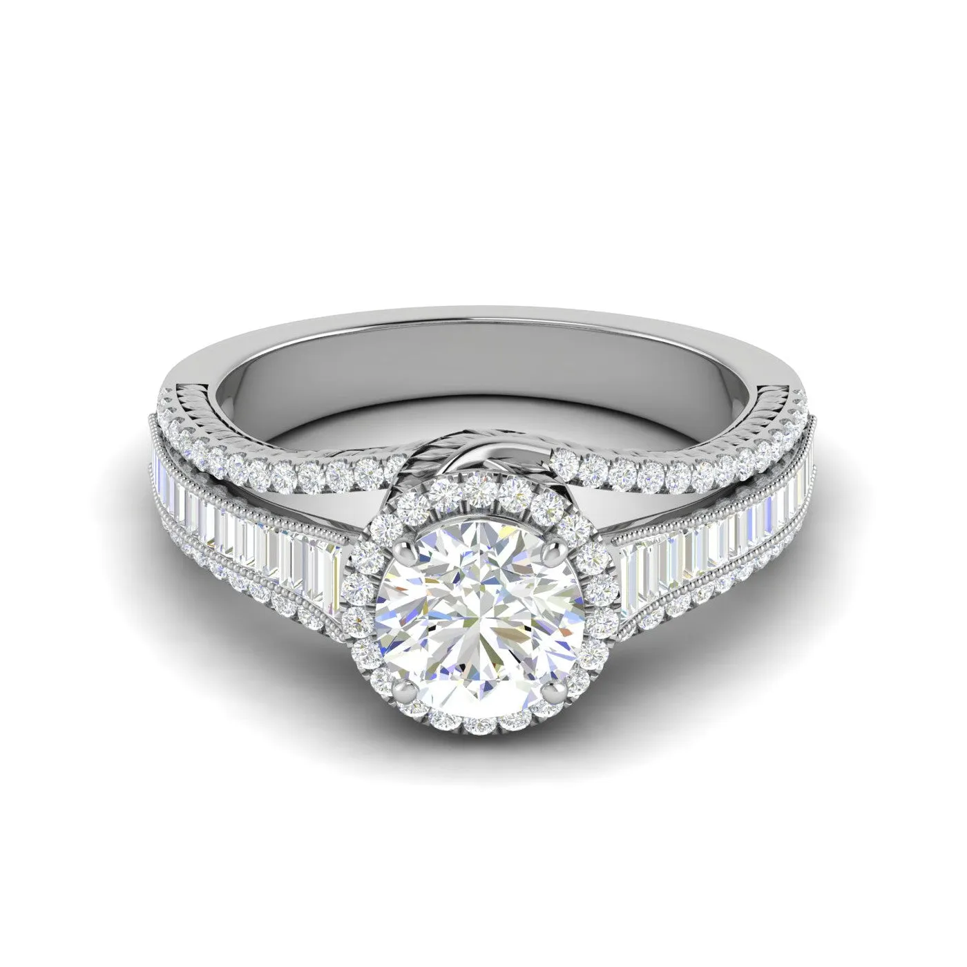 0.50cts Solitaire Halo Diamond Split Shank Baguette Platinum Ring JL PT WB5929E