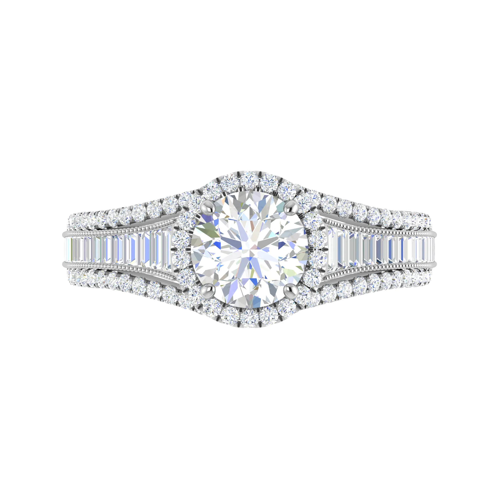 0.50cts Solitaire Halo Diamond Split Shank Baguette Platinum Ring JL PT WB5929E