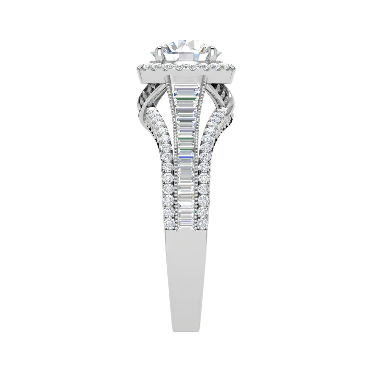 0.50cts Solitaire Halo Diamond Split Shank Baguette Platinum Ring JL PT WB5929E