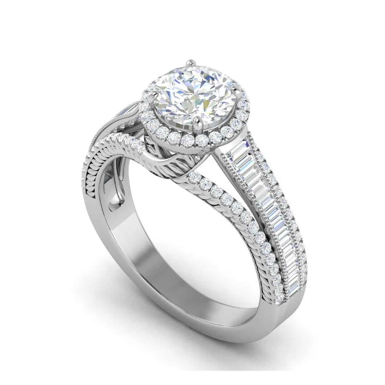 0.50cts Solitaire Halo Diamond Split Shank Baguette Platinum Ring JL PT WB5929E