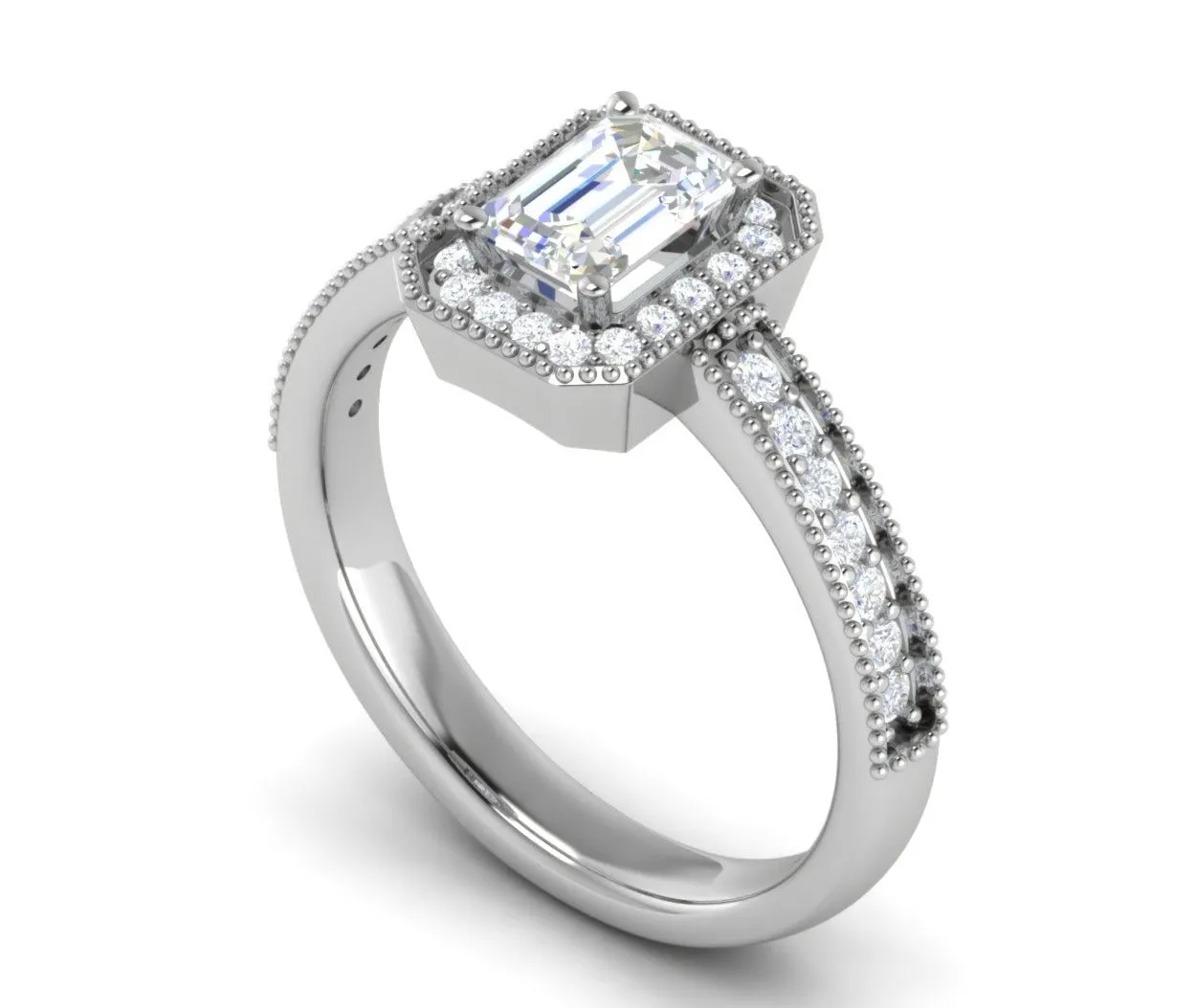 0.70 cts Emerald Cut Diamonds Halo Diamond Shank Platinum Ring JL PT RH EM 159