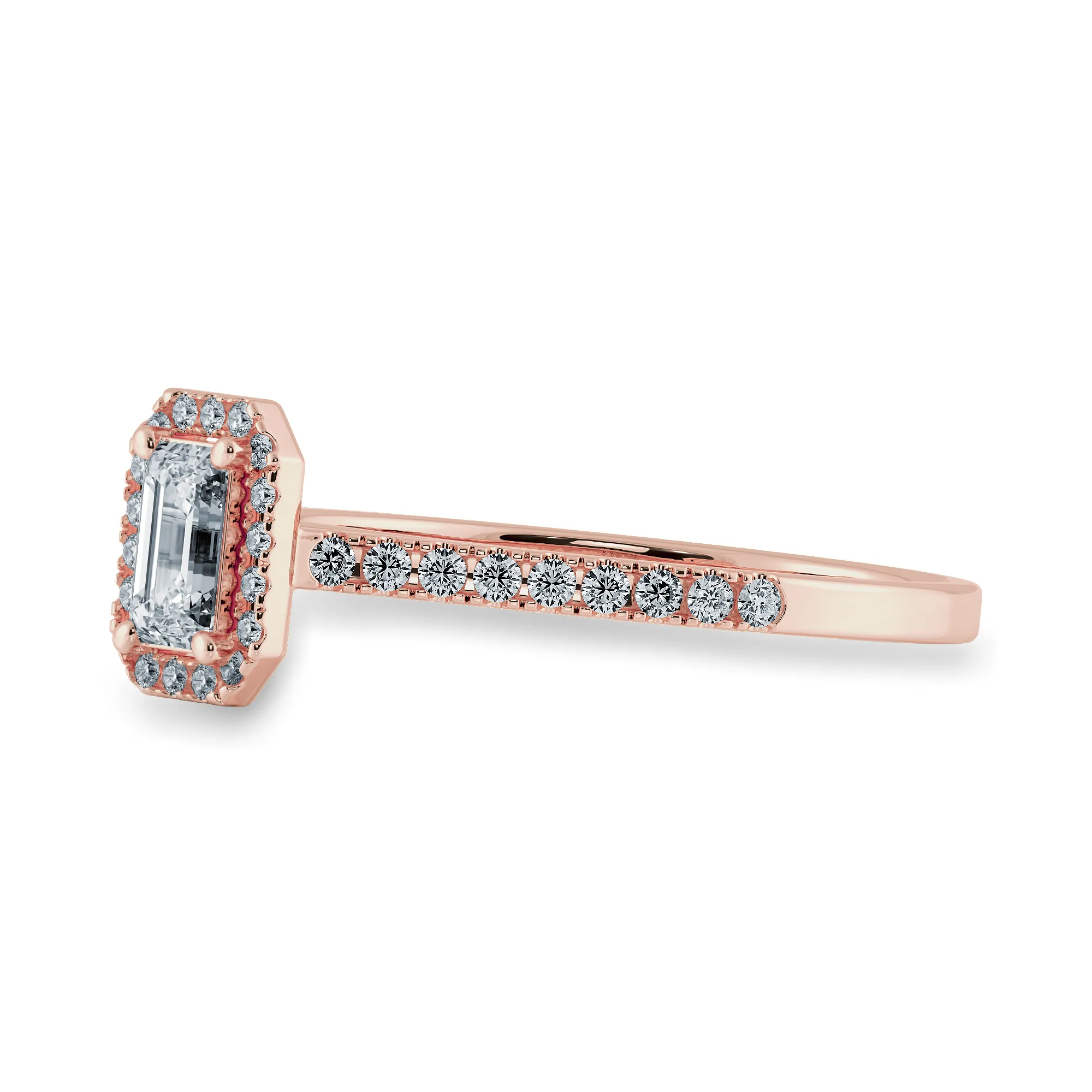 0.70cts. Emerald Cut Solitaire Halo Diamond Shank 18K Rose Gold Ring JL AU 1197R-B