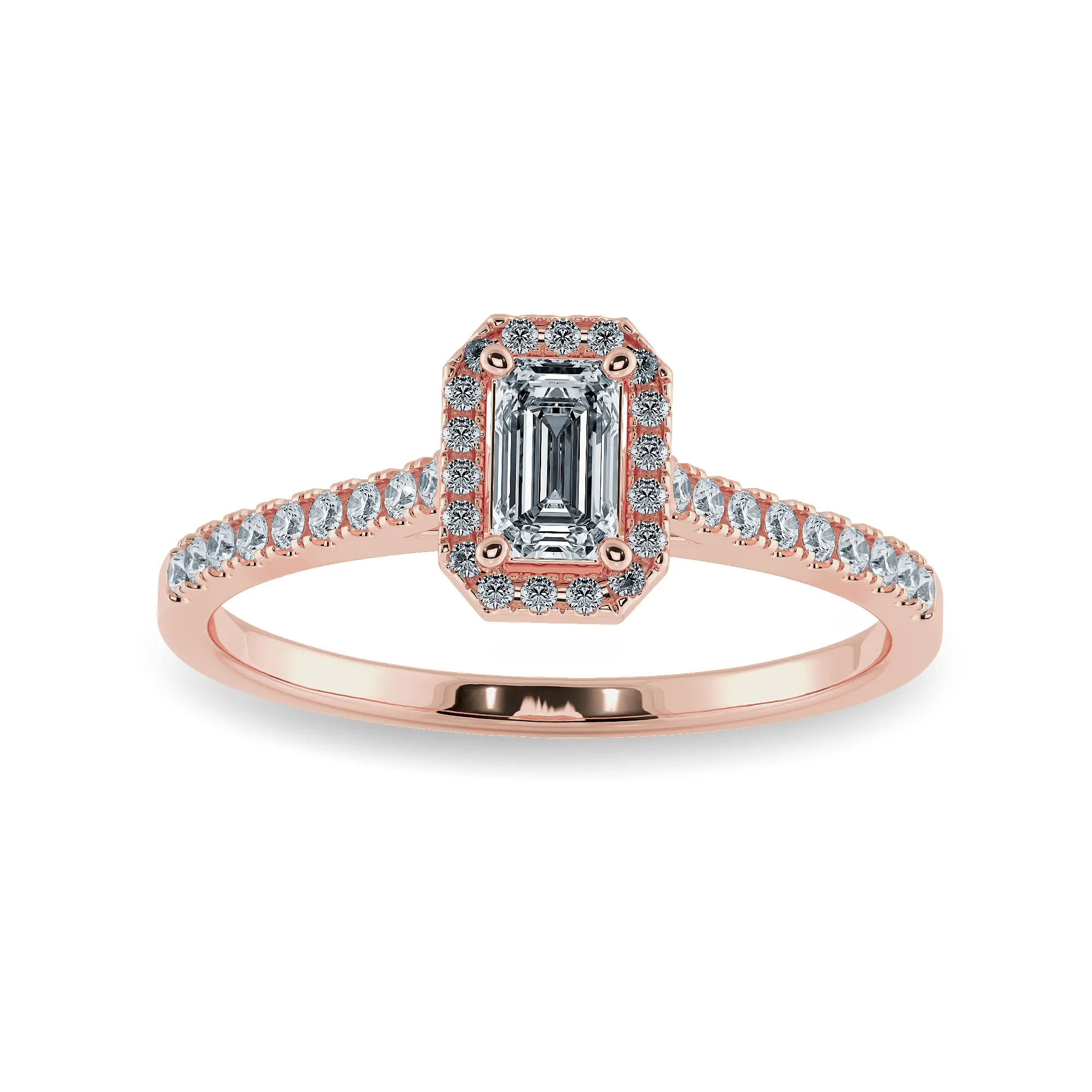 0.70cts. Emerald Cut Solitaire Halo Diamond Shank 18K Rose Gold Ring JL AU 1197R-B