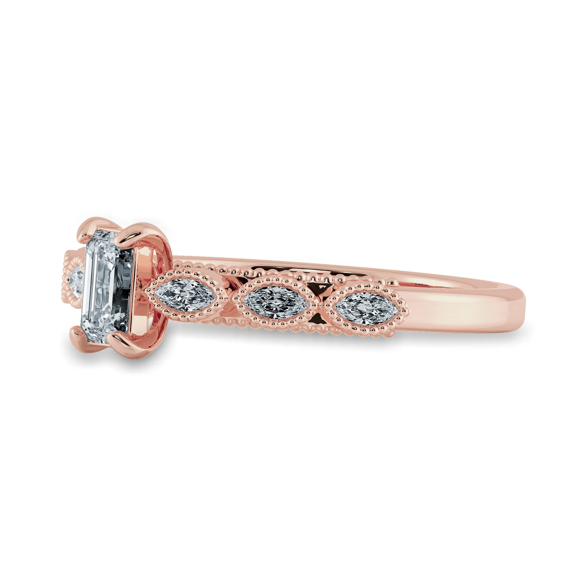 0.70cts. Emerald Cut Solitaire with Marquise Cut Diamond Shank 18K Rose Gold Ring JL AU 2015R-B