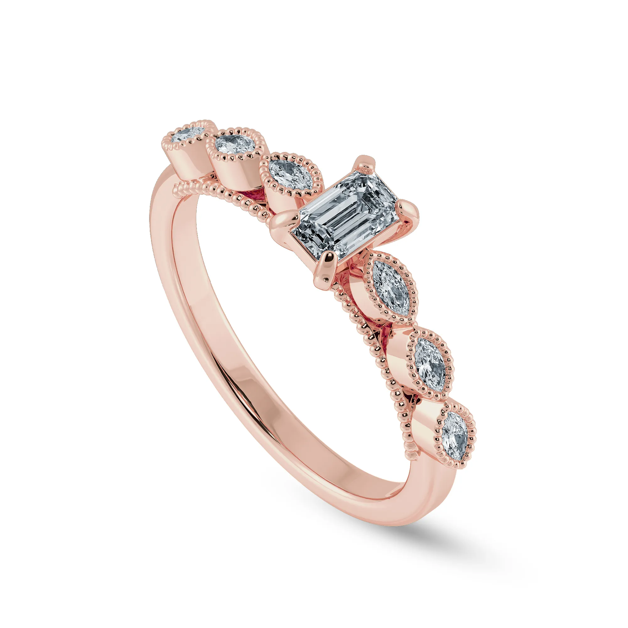 0.70cts. Emerald Cut Solitaire with Marquise Cut Diamond Shank 18K Rose Gold Ring JL AU 2015R-B