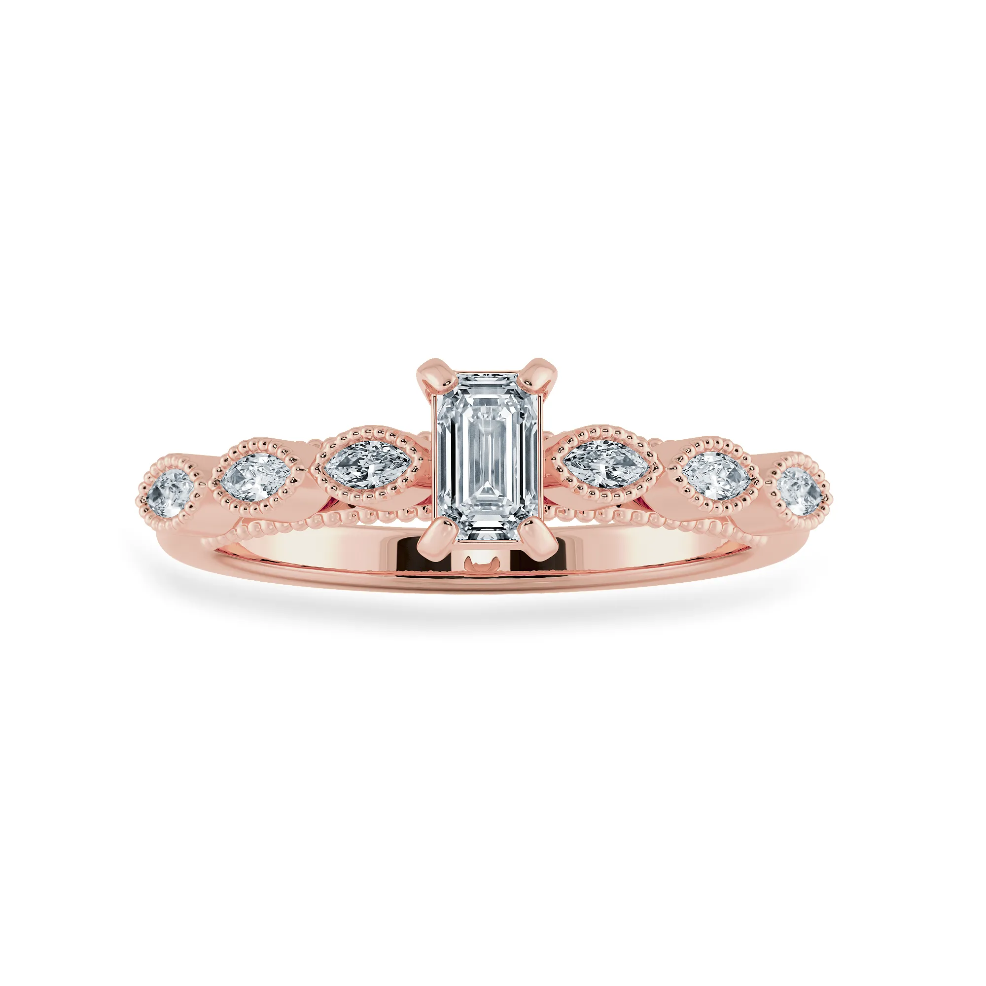 0.70cts. Emerald Cut Solitaire with Marquise Cut Diamond Shank 18K Rose Gold Ring JL AU 2015R-B