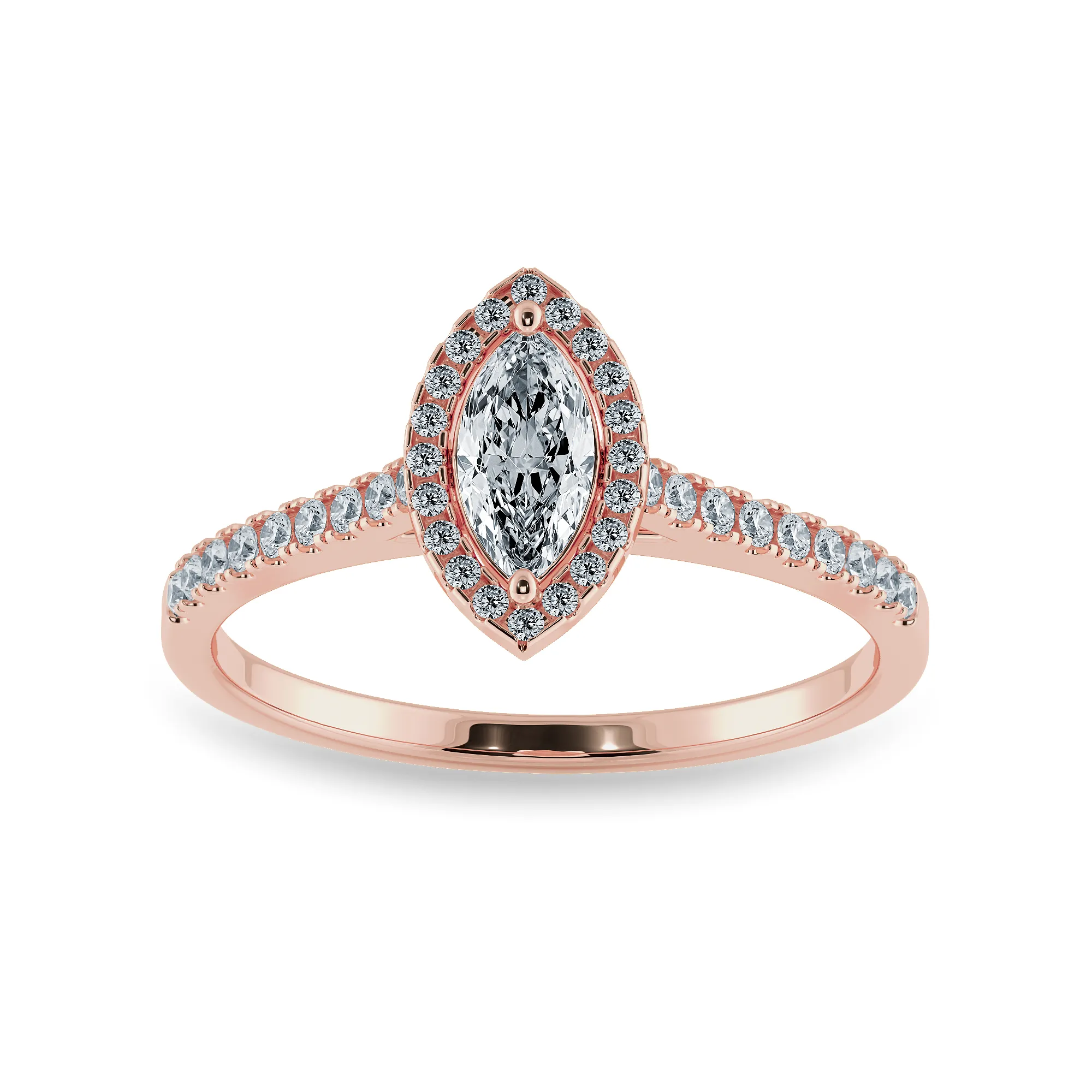 0.70cts. Marquise Cut Solitaire Halo Diamond Shank 18K Rose Gold Ring JL AU 1201R-B
