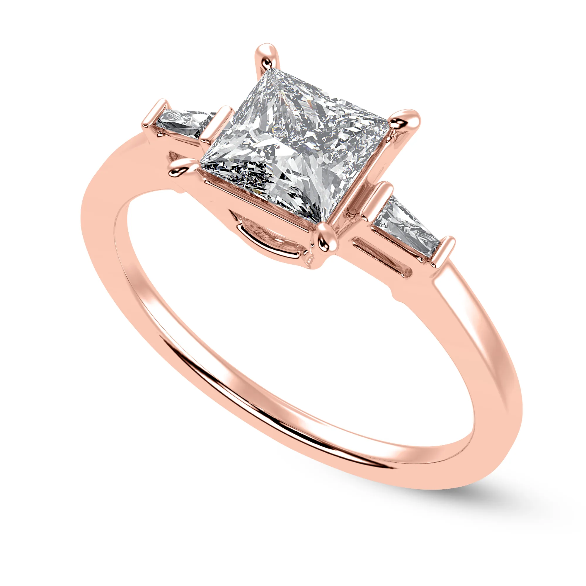 1 Carat Princess Cut Solitaire Baguette Diamond Accents 18K Rose Gold Ring JL AU 1211R-C