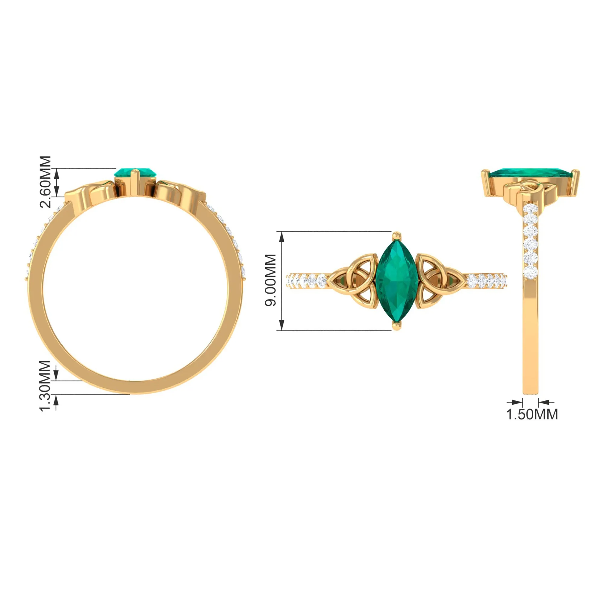 1 CT Marquise Emerald Solitaire Celtic Knot Ring with Diamond