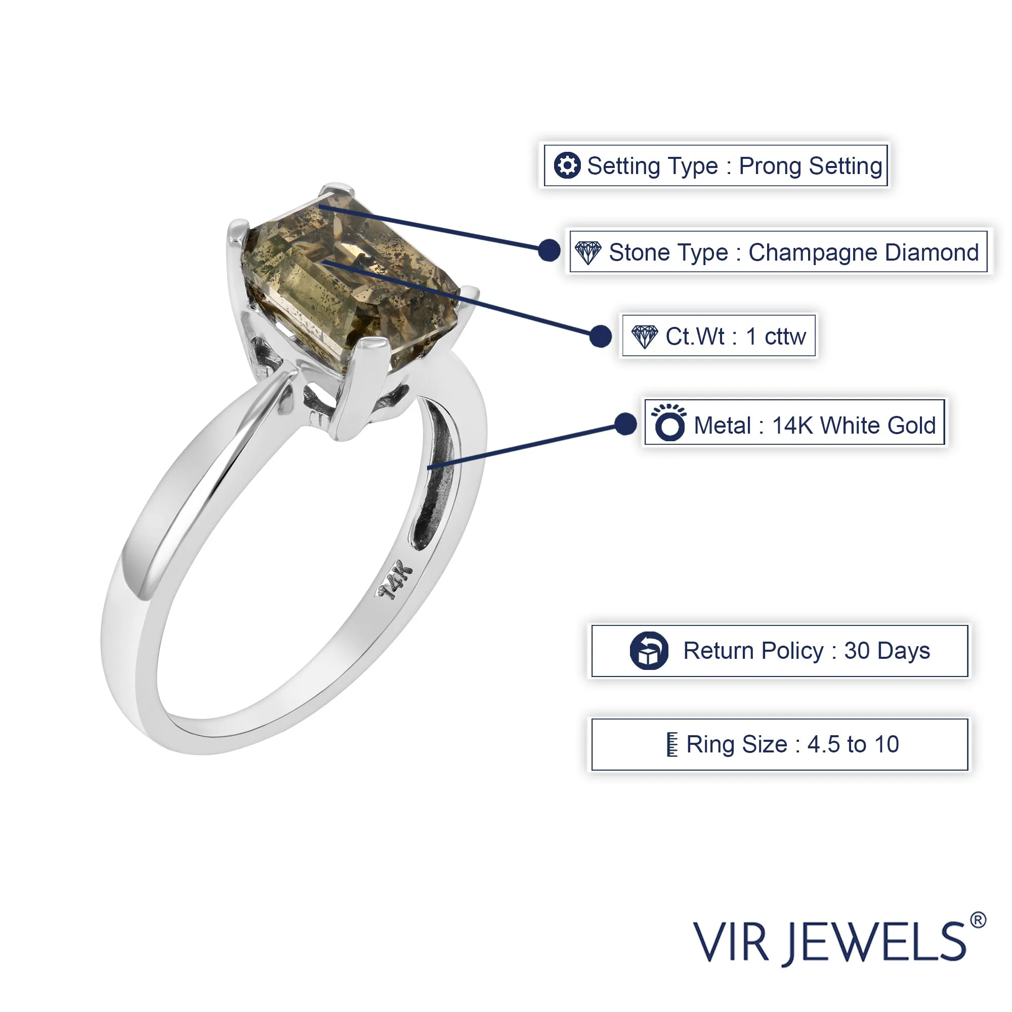 1 cttw Champagne Emerald Diamond Solitaire Ring in 14K White Gold
