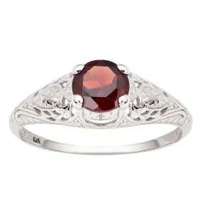 10k White Gold Vintage Style Genuine Round Garnet Scroll Ring