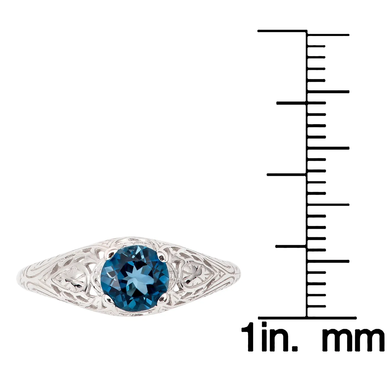 10k White Gold Vintage Style Genuine Round London Blue Topaz Scroll Ring