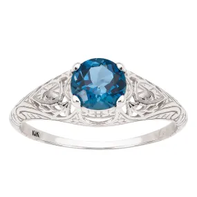 10k White Gold Vintage Style Genuine Round London Blue Topaz Scroll Ring