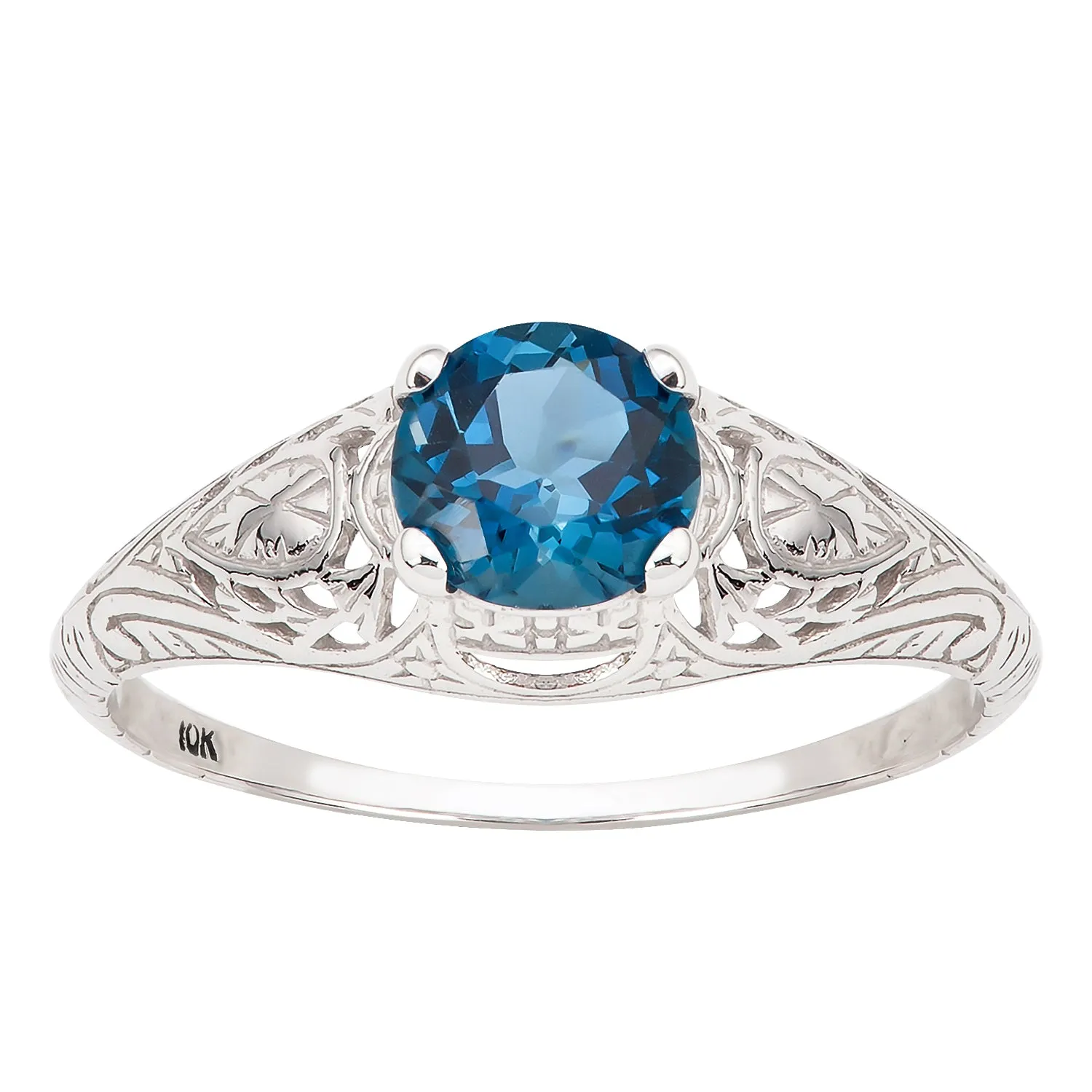 10k White Gold Vintage Style Genuine Round London Blue Topaz Scroll Ring