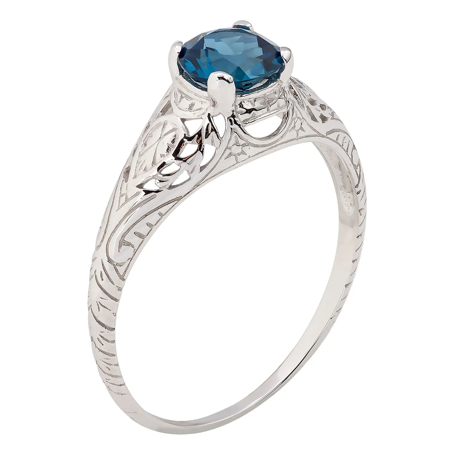 10k White Gold Vintage Style Genuine Round London Blue Topaz Scroll Ring