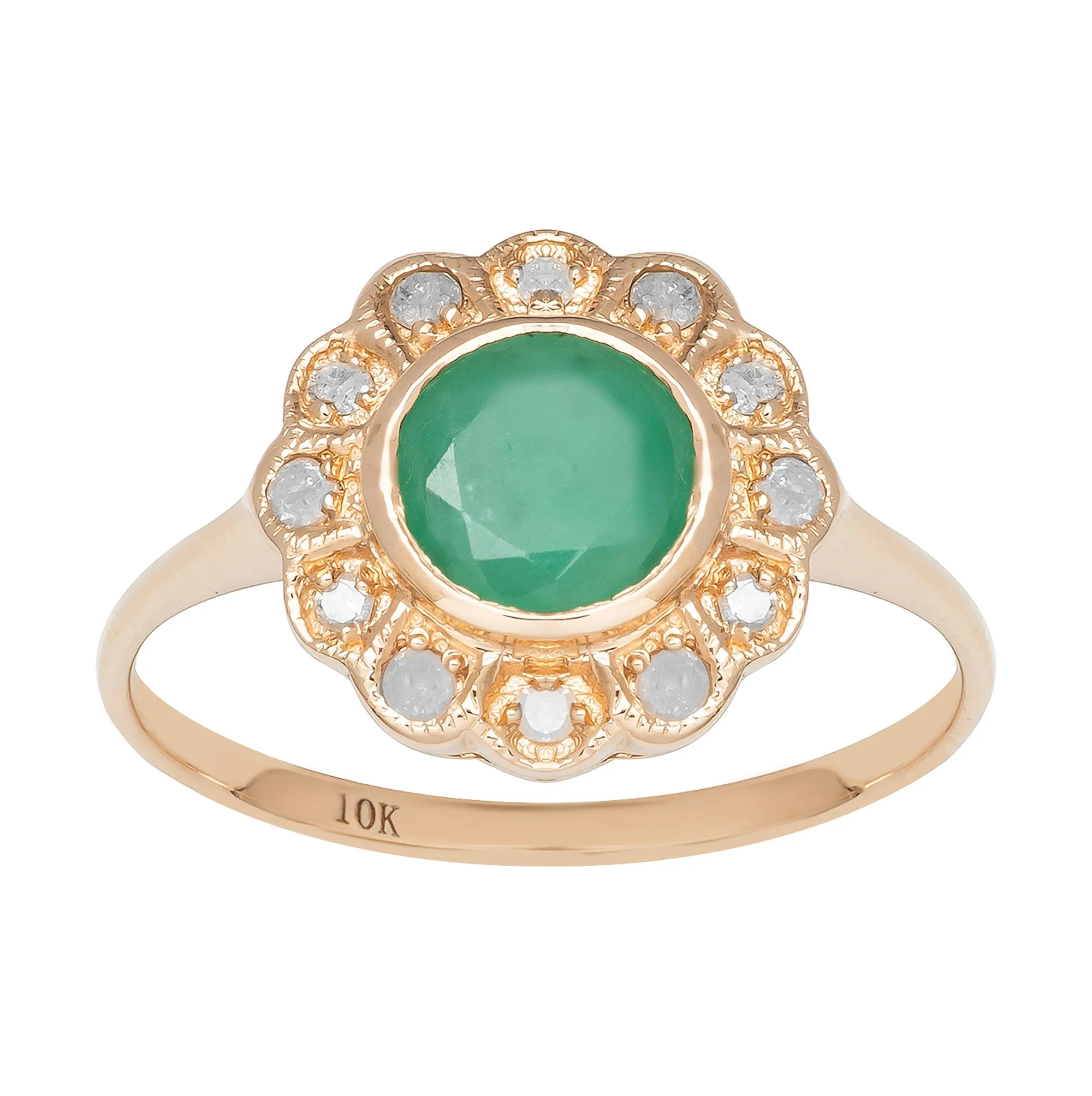 10k Yellow Gold Vintage Style Genuine Round Emerald and Diamond Halo Ring