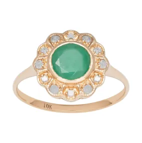 10k Yellow Gold Vintage Style Genuine Round Emerald and Diamond Halo Ring