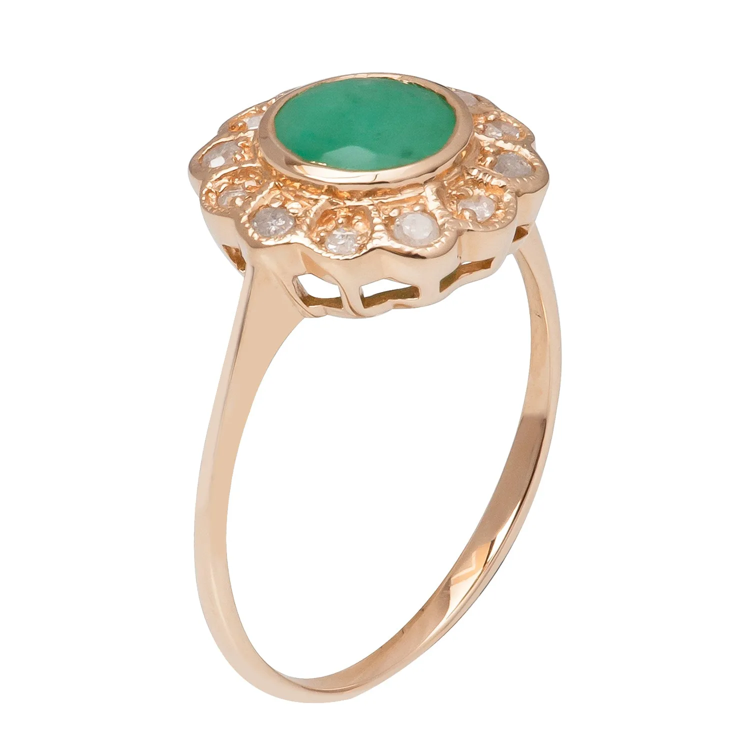 10k Yellow Gold Vintage Style Genuine Round Emerald and Diamond Halo Ring
