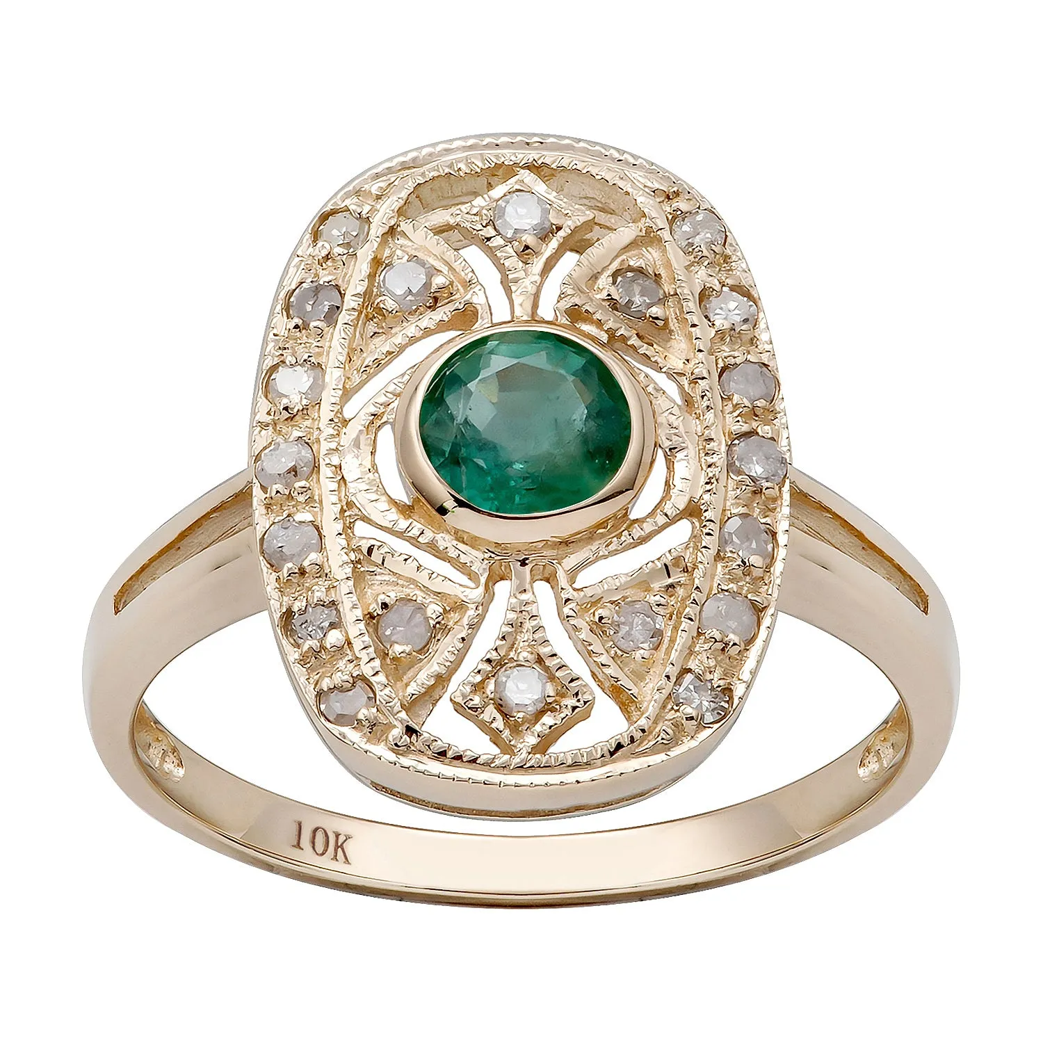 10k Yellow Gold Vintage Style Genuine Round Emerald and Diamond Ring