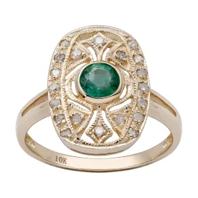 10k Yellow Gold Vintage Style Genuine Round Emerald and Diamond Ring