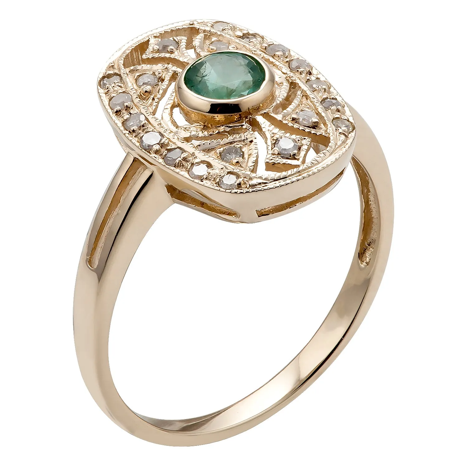 10k Yellow Gold Vintage Style Genuine Round Emerald and Diamond Ring