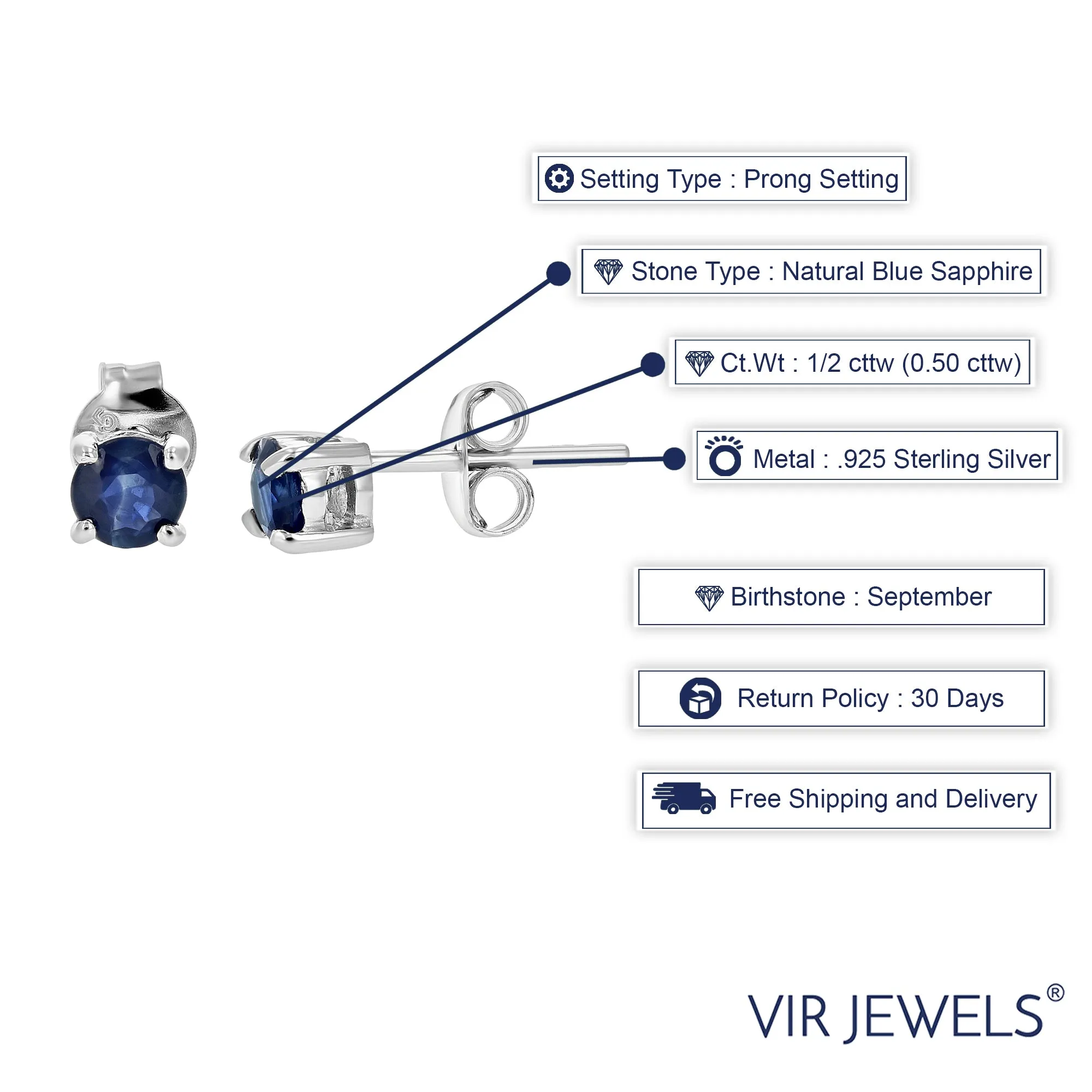 1/2 cttw Blue Sapphire Earrings .925 Sterling Silver Rhodium Round Prong Set