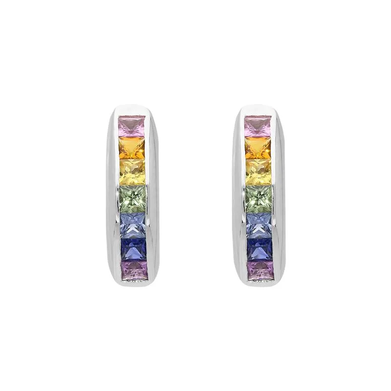 18ct White Gold Rainbow Sapphire Princess Cut Curved Stud Earrings