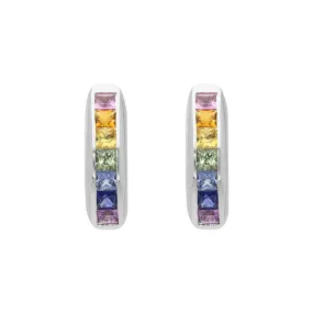 18ct White Gold Rainbow Sapphire Princess Cut Curved Stud Earrings