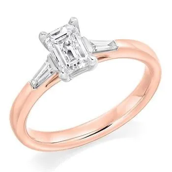 18K Rose Gold Emerald Cut Solitaire Ring With Side Baguettes 0.90 CTW- G/Si1