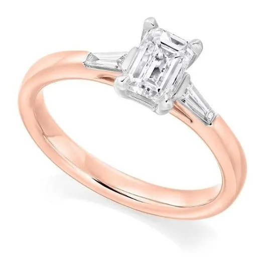 18K Rose Gold Emerald Cut Solitaire Ring With Side Baguettes 0.90 CTW- G/Si1