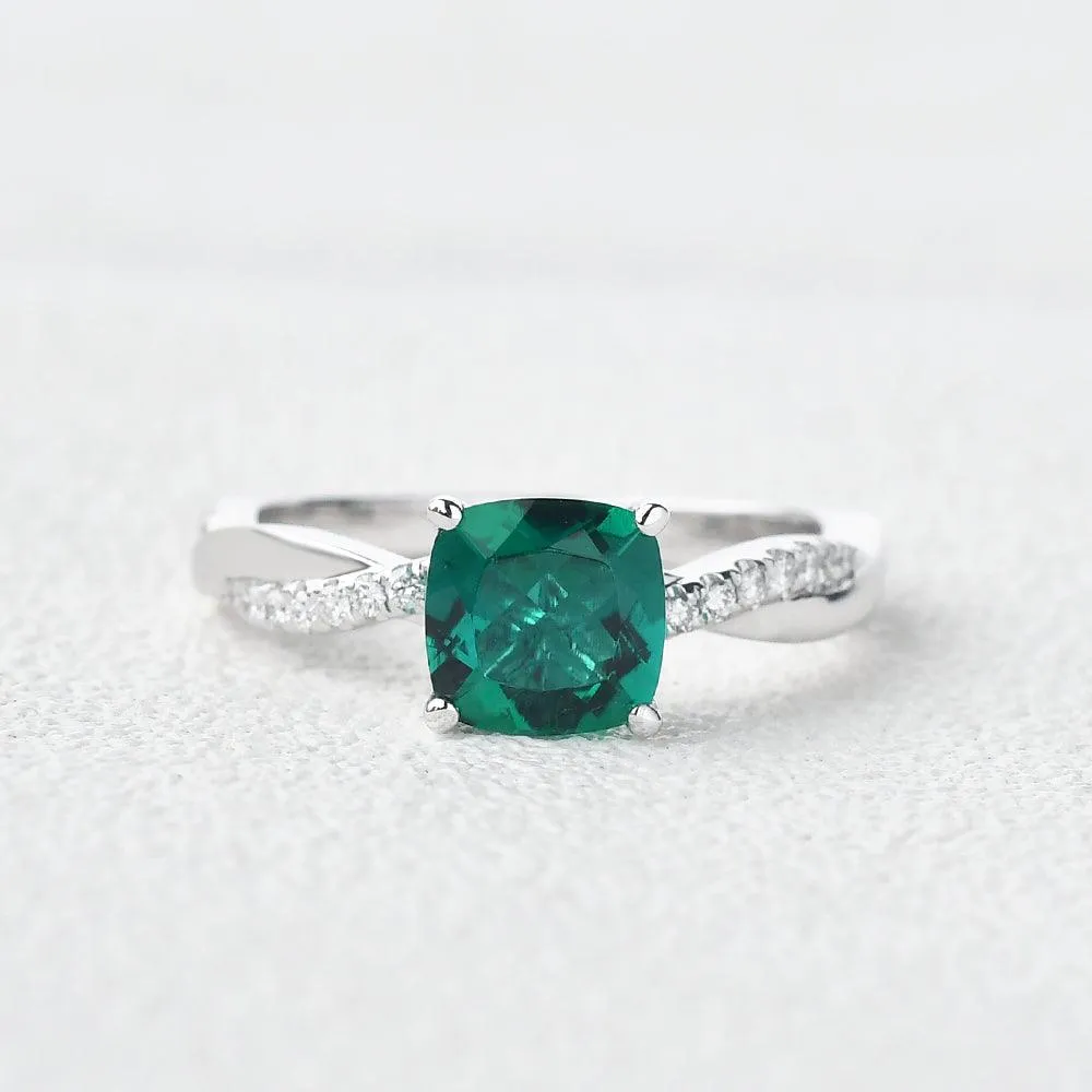 2.0ct Cushion Cut Emerald Classic Solitaire Twist Ring