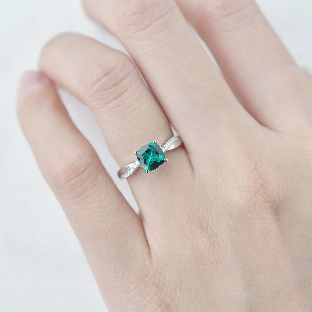 2.0ct Cushion Cut Emerald Classic Solitaire Twist Ring