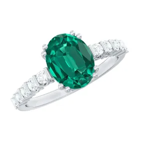 2.5 CT Oval Created Emerald Solitaire Engagement Ring with Diamond