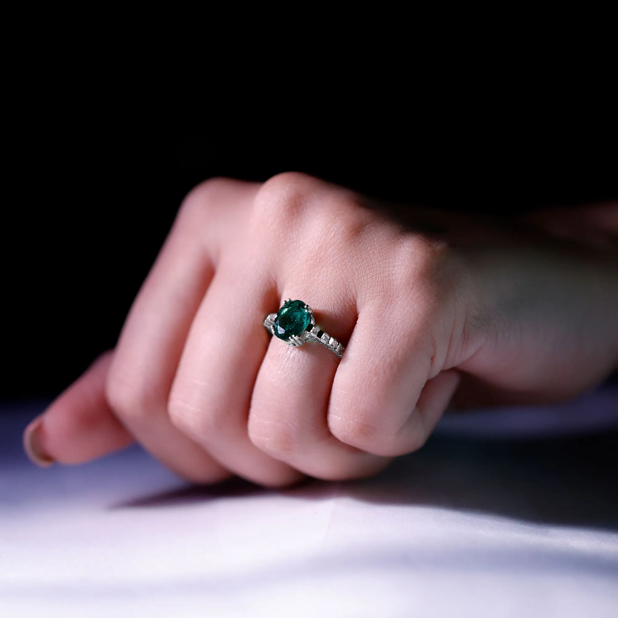 2.5 CT Oval Created Emerald Solitaire Engagement Ring with Diamond