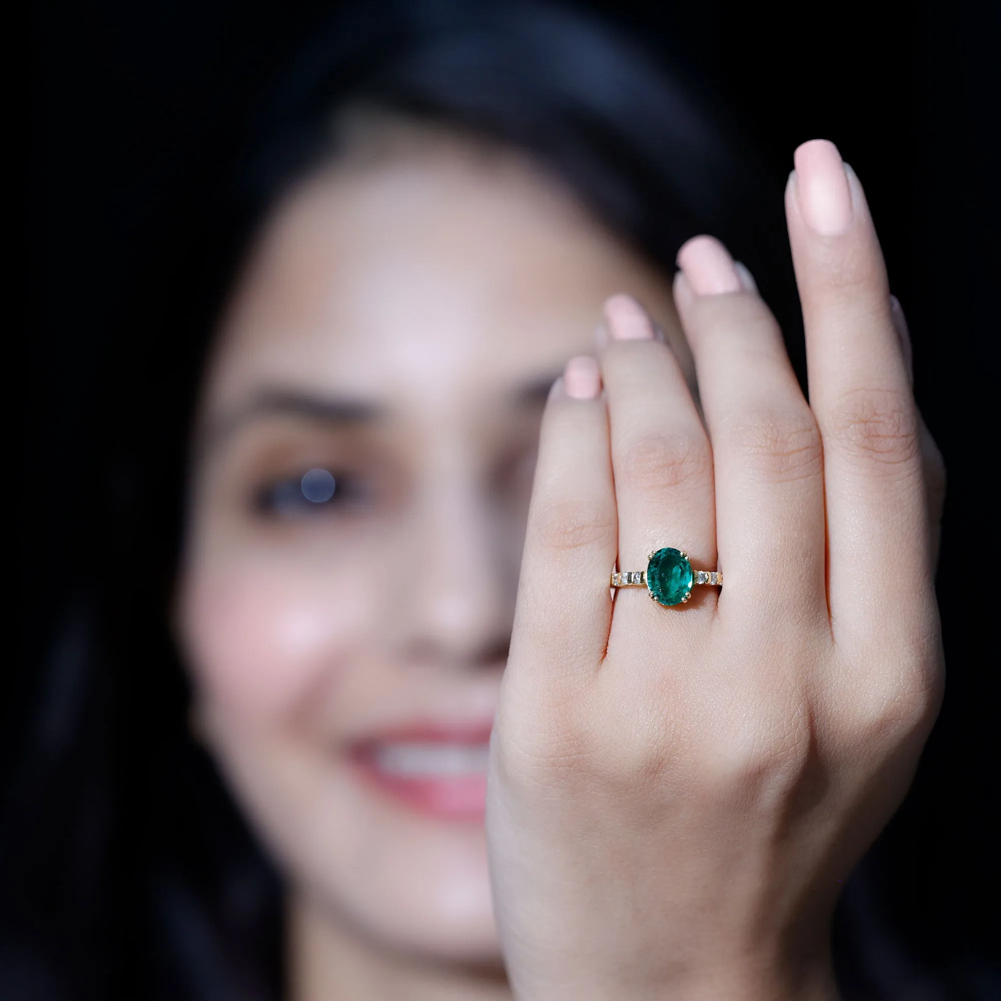 2.5 CT Oval Created Emerald Solitaire Engagement Ring with Diamond