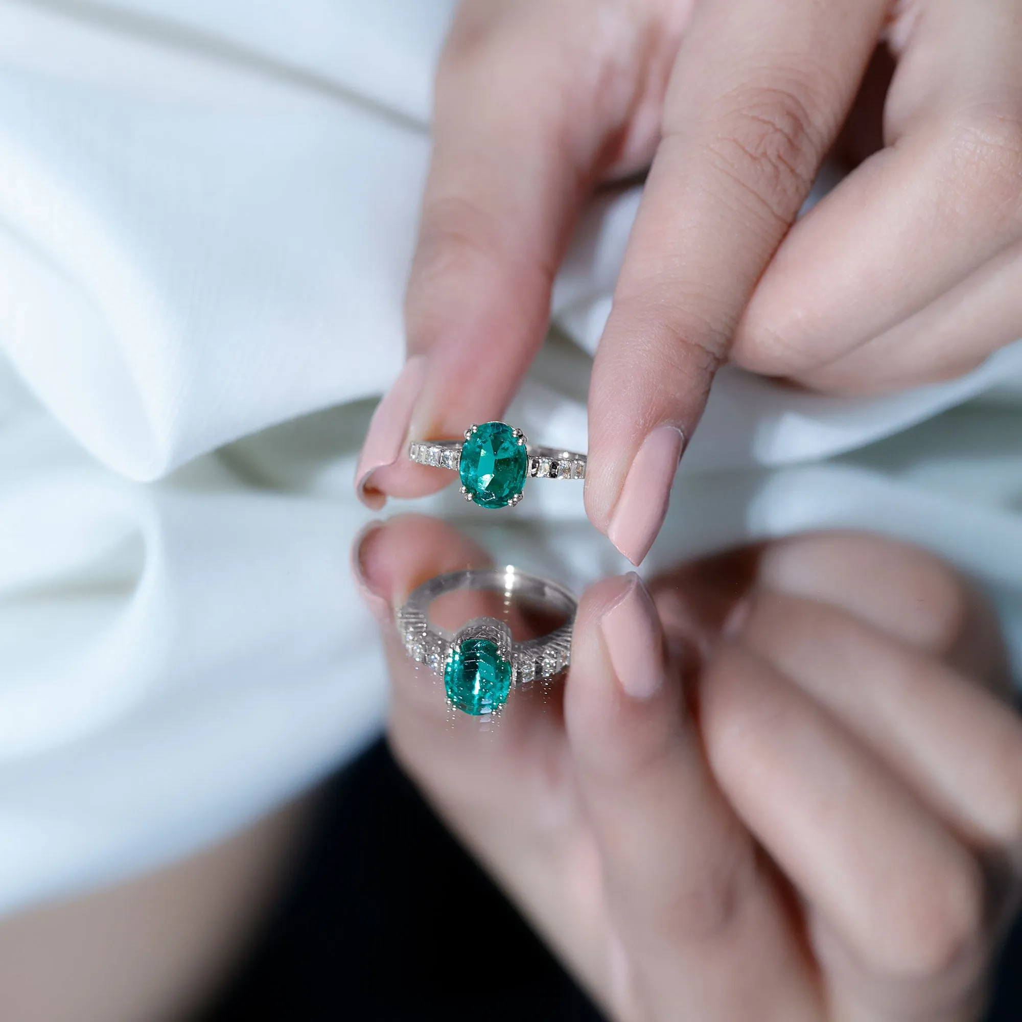 2.5 CT Oval Created Emerald Solitaire Engagement Ring with Diamond