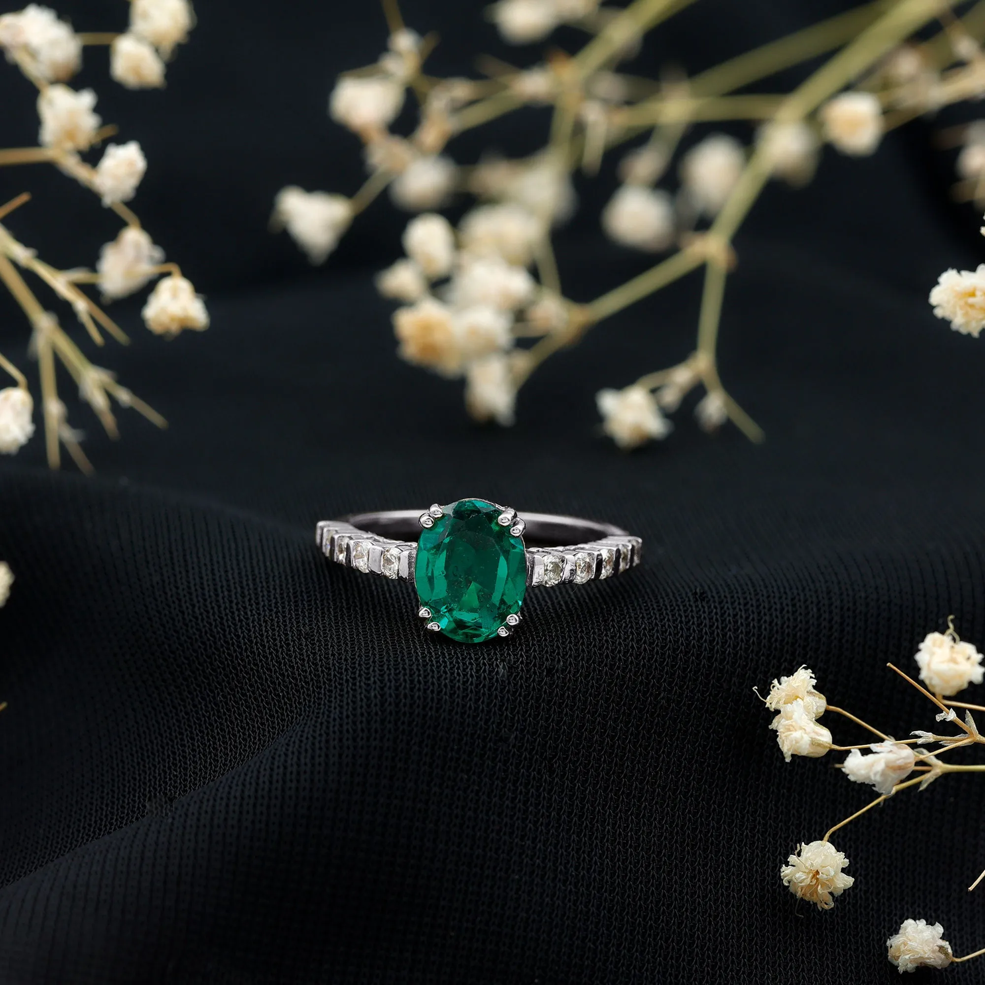 2.5 CT Oval Created Emerald Solitaire Engagement Ring with Diamond