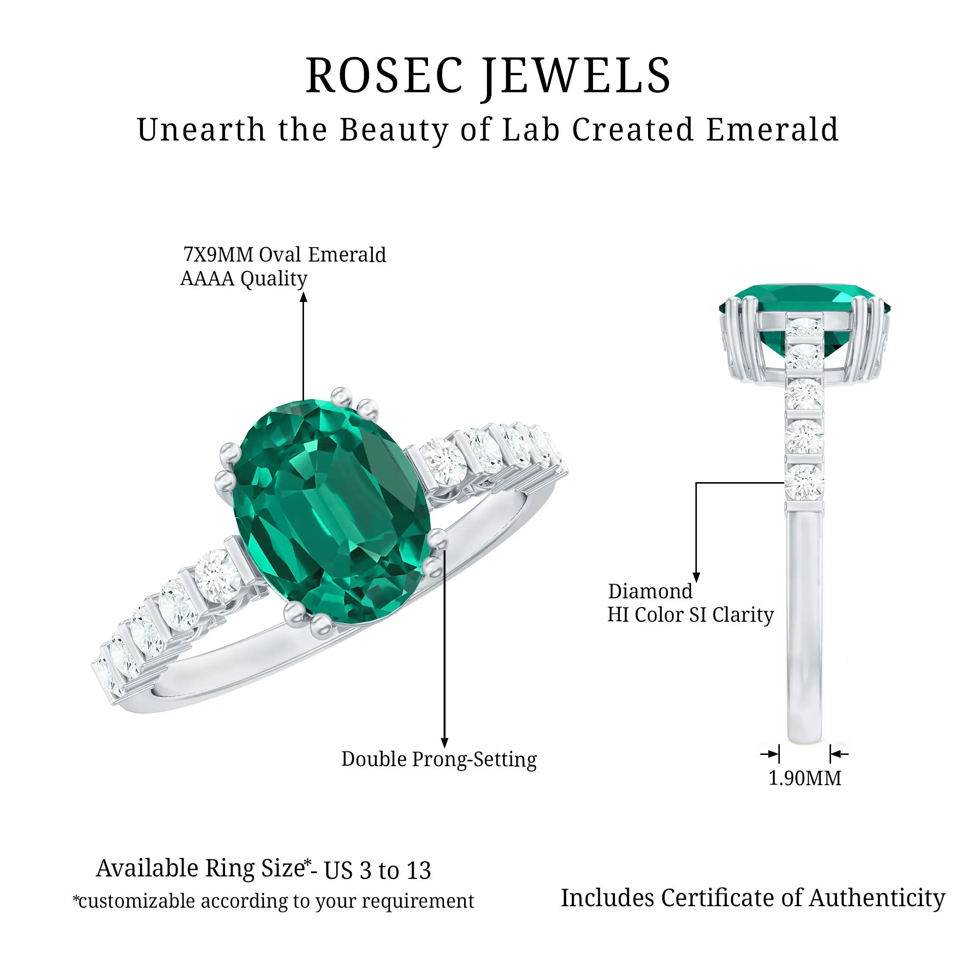 2.5 CT Oval Created Emerald Solitaire Engagement Ring with Diamond