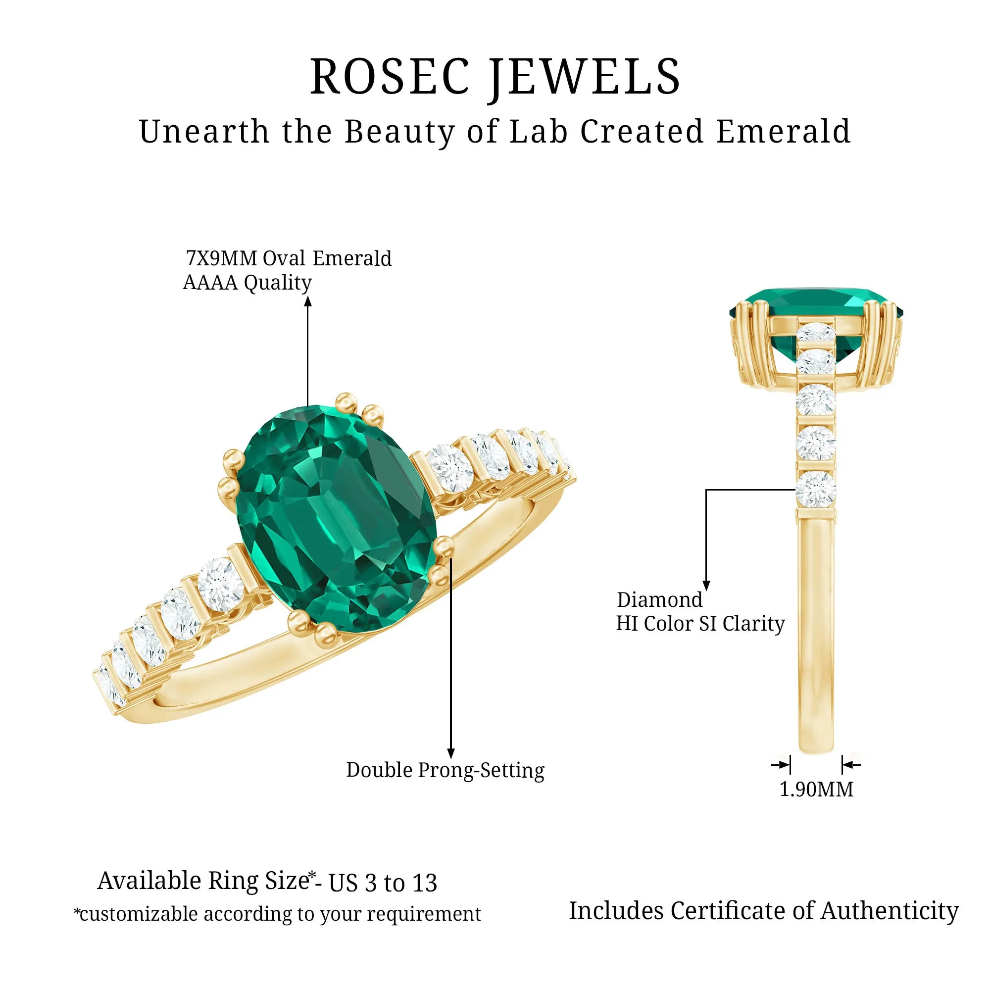 2.5 CT Oval Created Emerald Solitaire Engagement Ring with Diamond