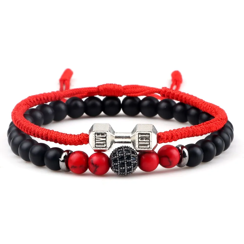 2pcs/Set Men Beaded Bracelet 6mm Charm Nature Onyx Stone Braided Strand Dumbbell hread Bracelets