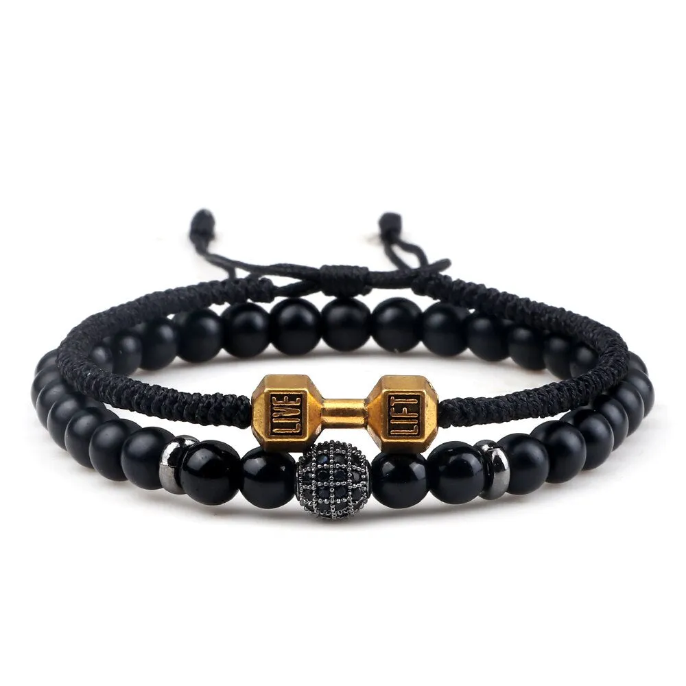 2pcs/Set Men Beaded Bracelet 6mm Charm Nature Onyx Stone Braided Strand Dumbbell hread Bracelets