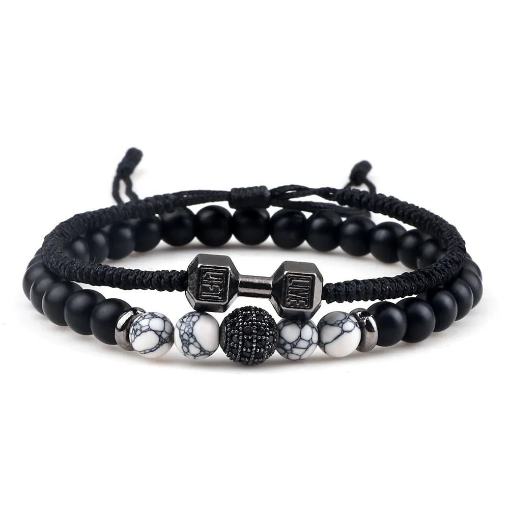 2pcs/Set Men Beaded Bracelet 6mm Charm Nature Onyx Stone Braided Strand Dumbbell hread Bracelets
