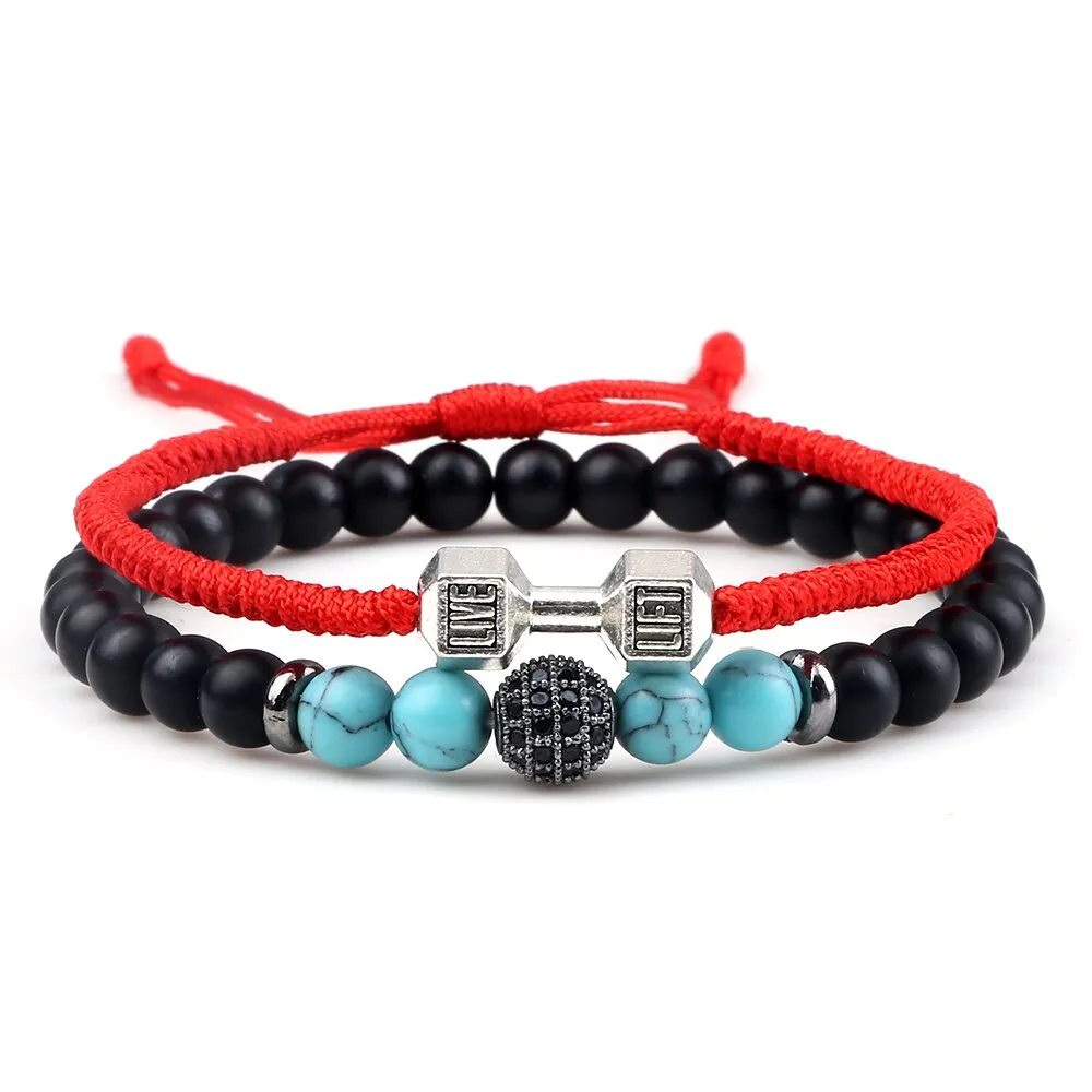 2pcs/Set Men Beaded Bracelet 6mm Charm Nature Onyx Stone Braided Strand Dumbbell hread Bracelets